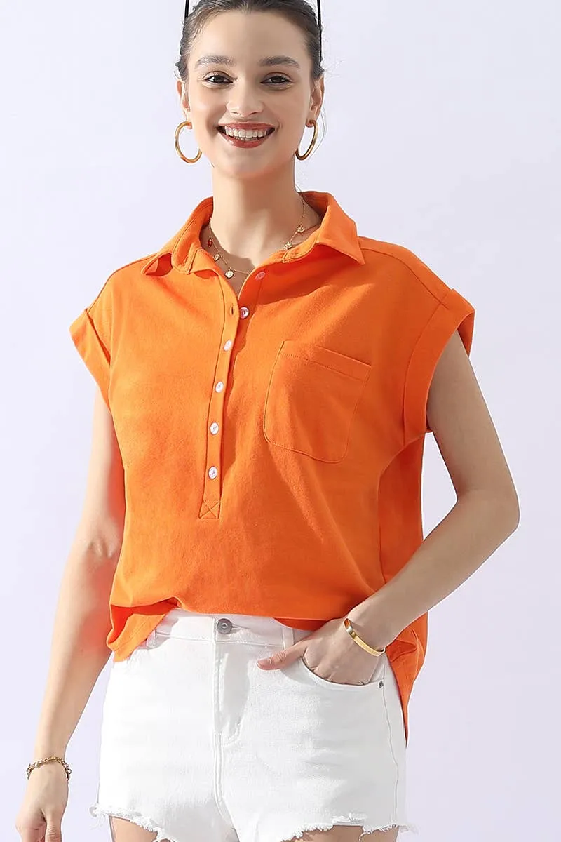 CWTTS698_JOHNNY COLLARS BUTTON CLOSER SHORT SLEEVE TOP: Orange / (S) 1