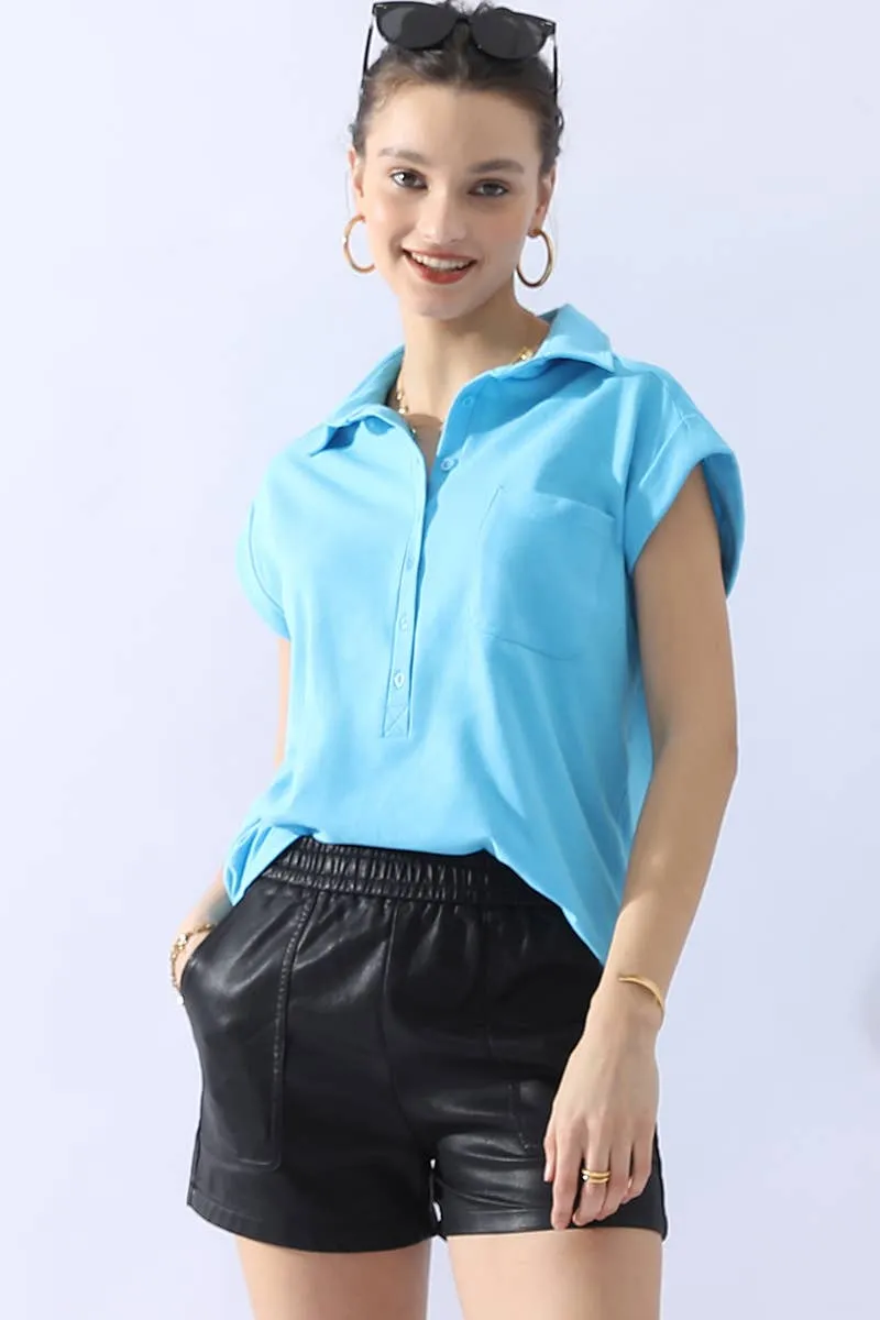 CWTTS698_JOHNNY COLLARS BUTTON CLOSER SHORT SLEEVE TOP: Orange / (S) 1