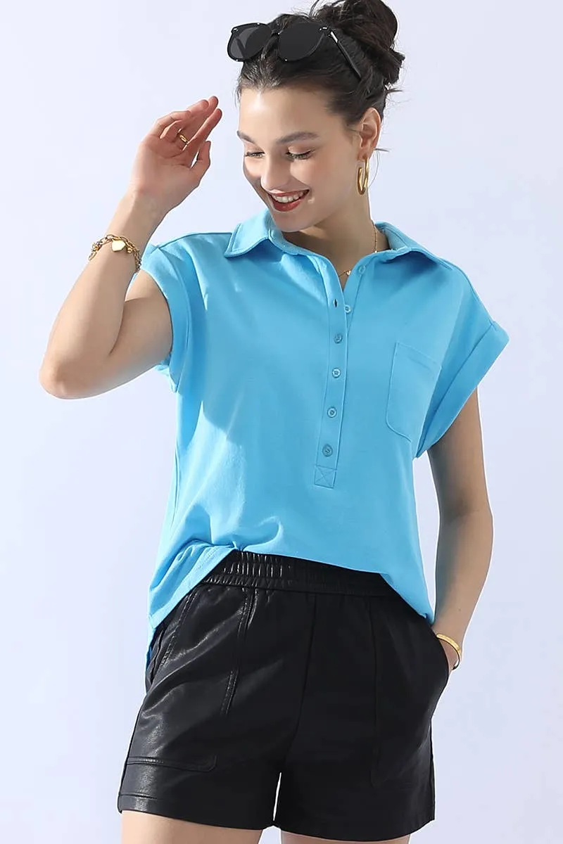 CWTTS698_JOHNNY COLLARS BUTTON CLOSER SHORT SLEEVE TOP: Orange / (S) 1