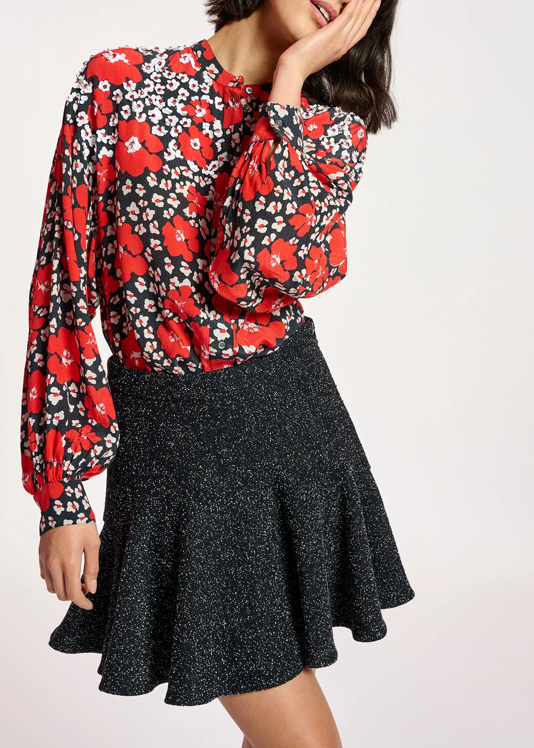 Dark blue, red and white floral-print shirt