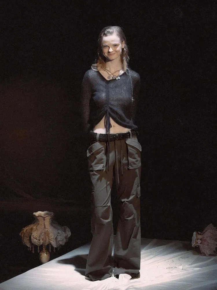 Dark Cropped Drawstring Work Pants