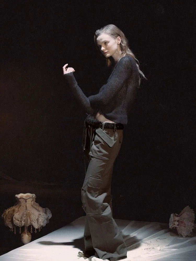 Dark Cropped Drawstring Work Pants