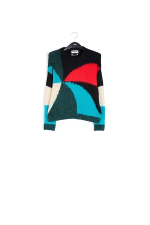 Dark green, blue and red intarsia-knitted sweater