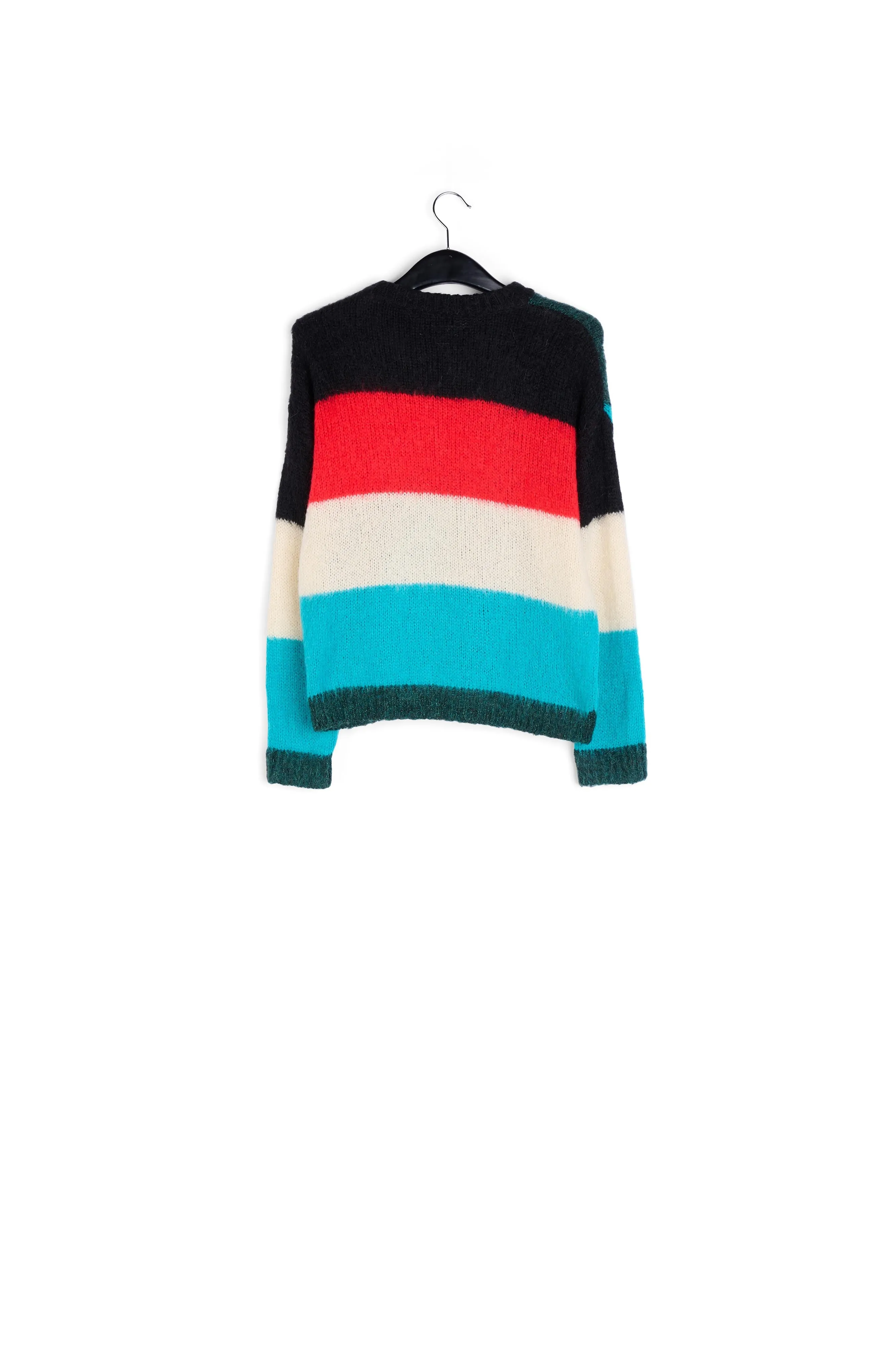 Dark green, blue and red intarsia-knitted sweater