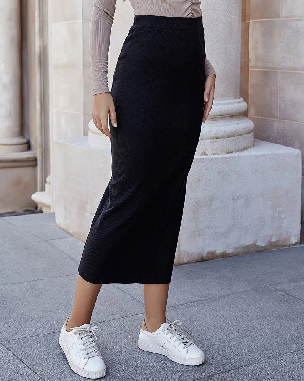 Dark In Sky Knit Midi Skirt - Black