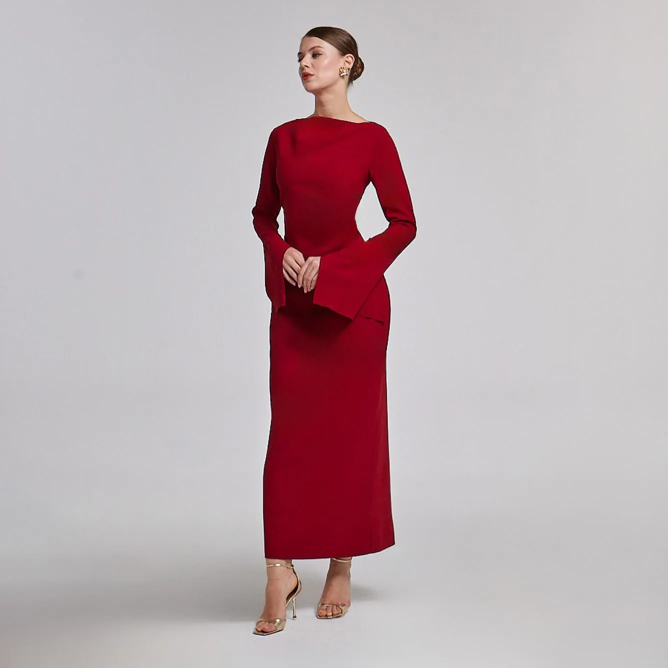Dark Red Flared Long Sleeve Maxi Dress