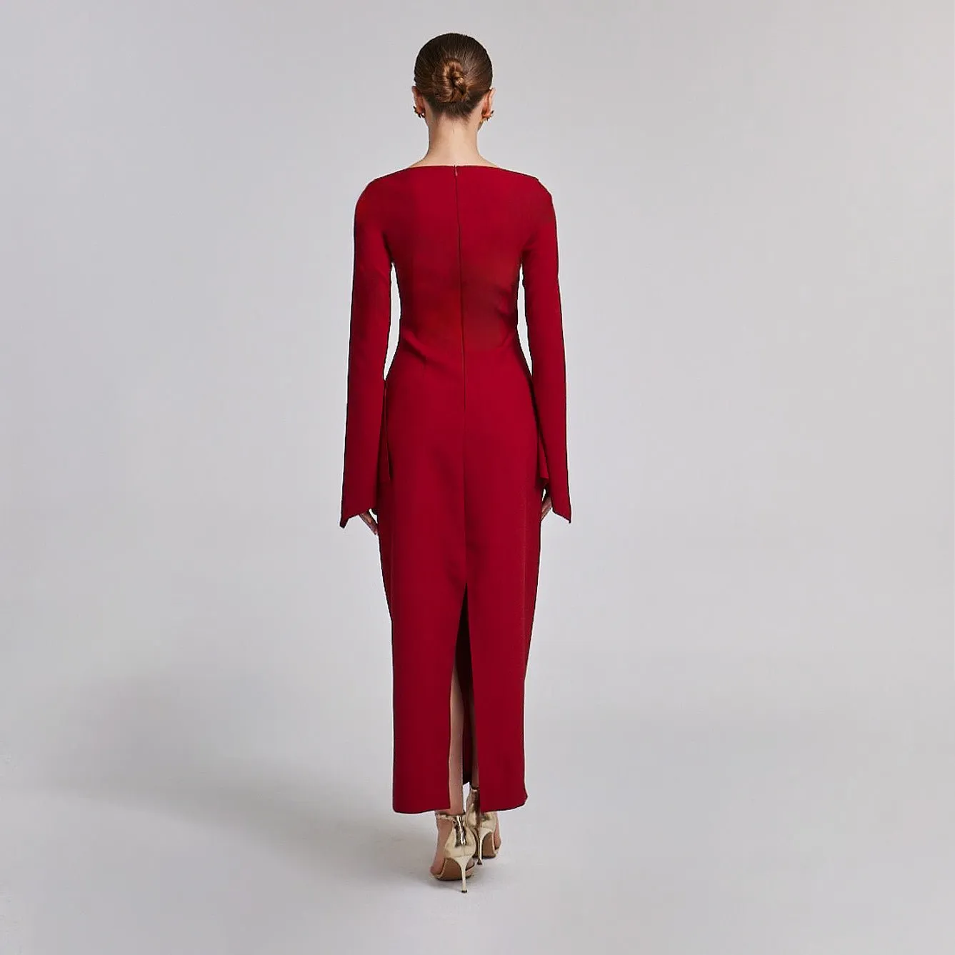 Dark Red Flared Long Sleeve Maxi Dress