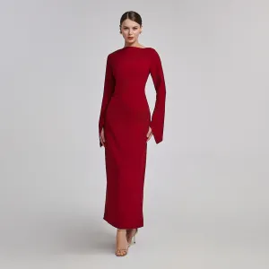 Dark Red Flared Long Sleeve Maxi Dress
