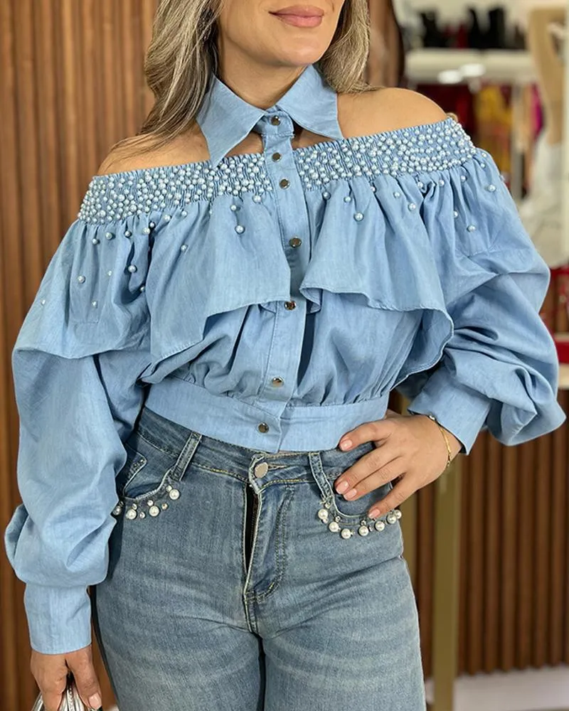 Denim Turn down Collar Lantern Sleeve Beaded Front Button Shirred Blouse Casual Top