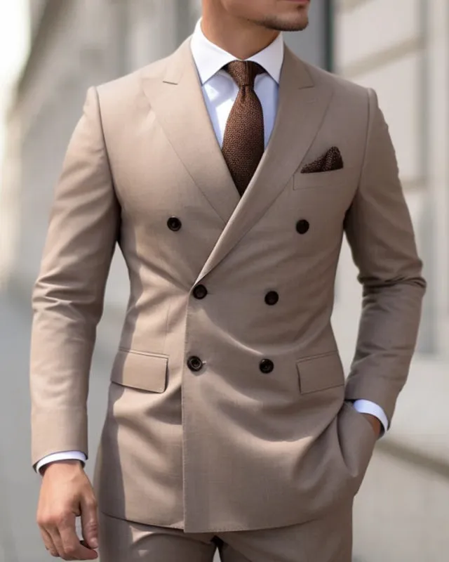 Devinb Khaki Peaked Lapel Double Breasted Business Men Suits