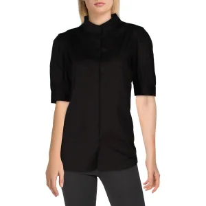DKNY Womens Ruched Mandarin Collar Button-Down Top