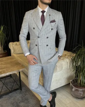 Edgar Newest Gray Striped Double Breasted Slim Fit Business Men Suits