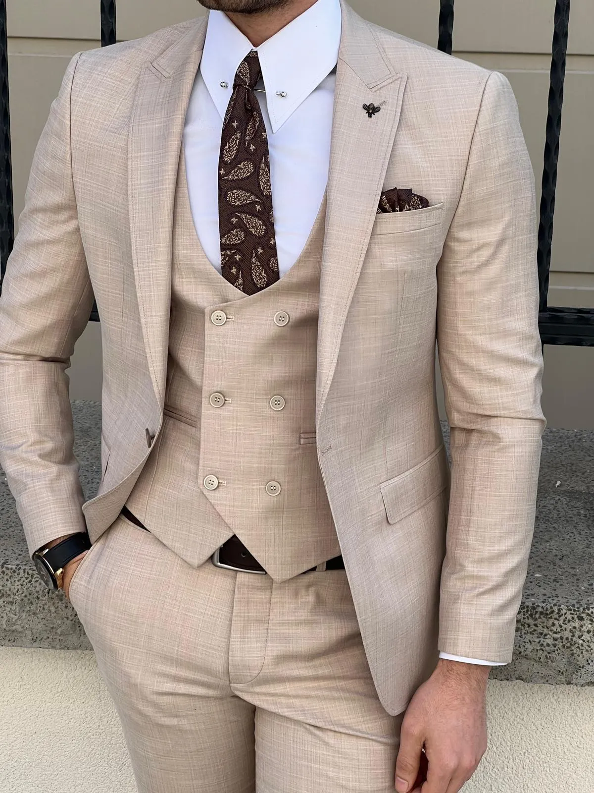 Edmond Beige Slim Fit Peak Lapel Wool Suit for All Occasions