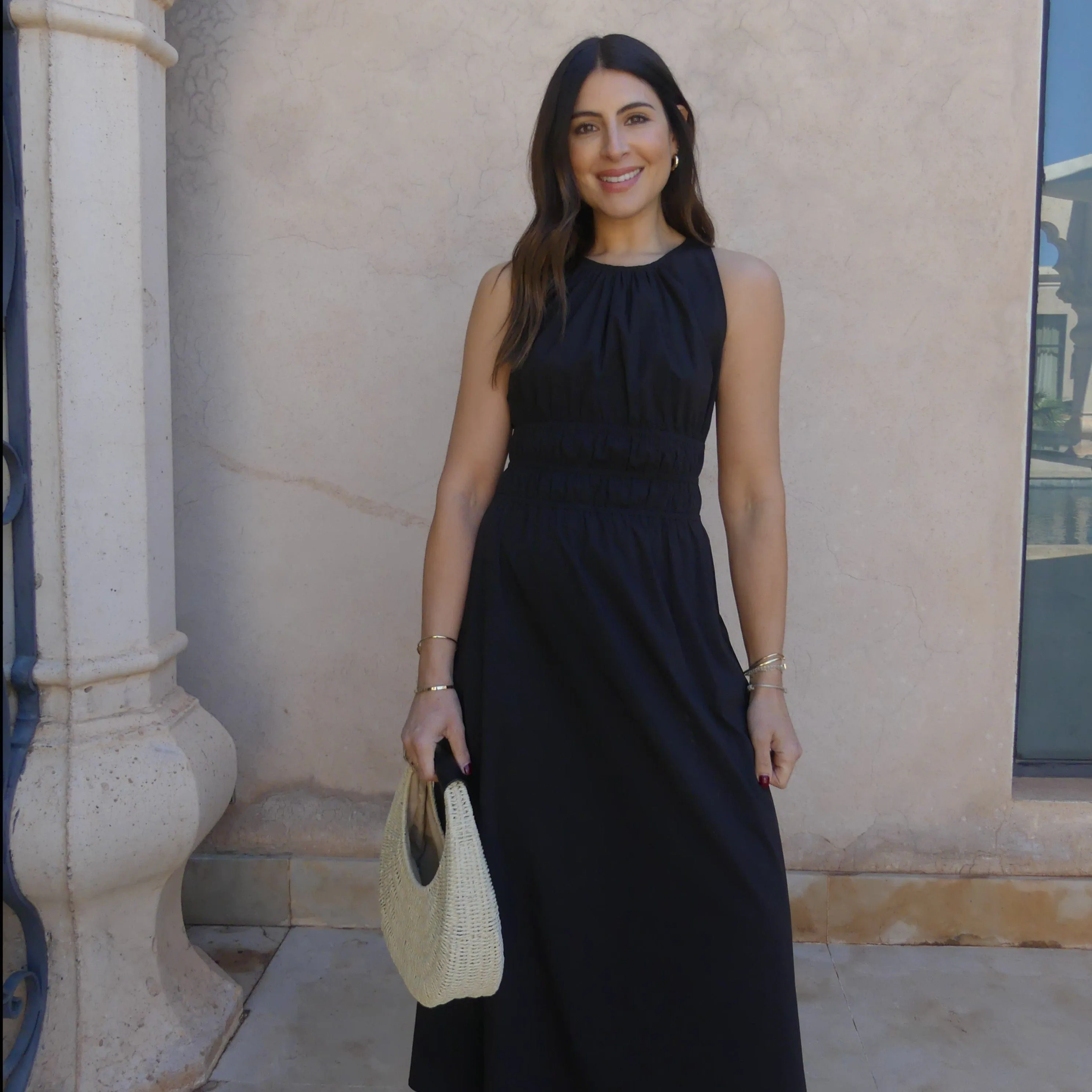 ELASTICATED WAIST MIDI DRESS - BLACK
