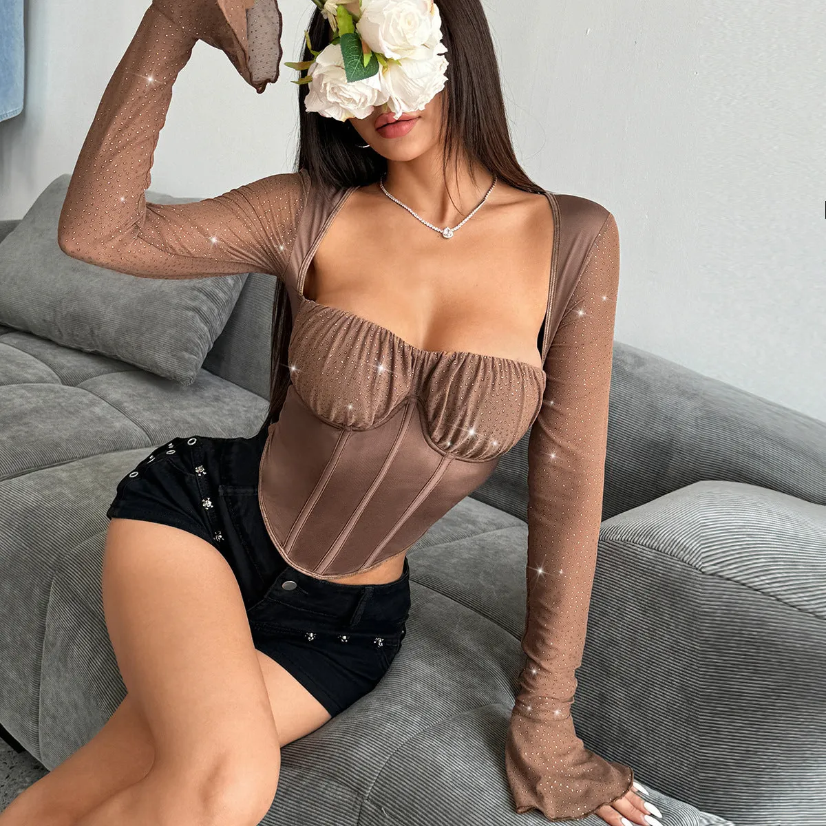 Elegant Bell Sleeve Sequin Fishbone Waist T-Shirt for Autumn Glam
