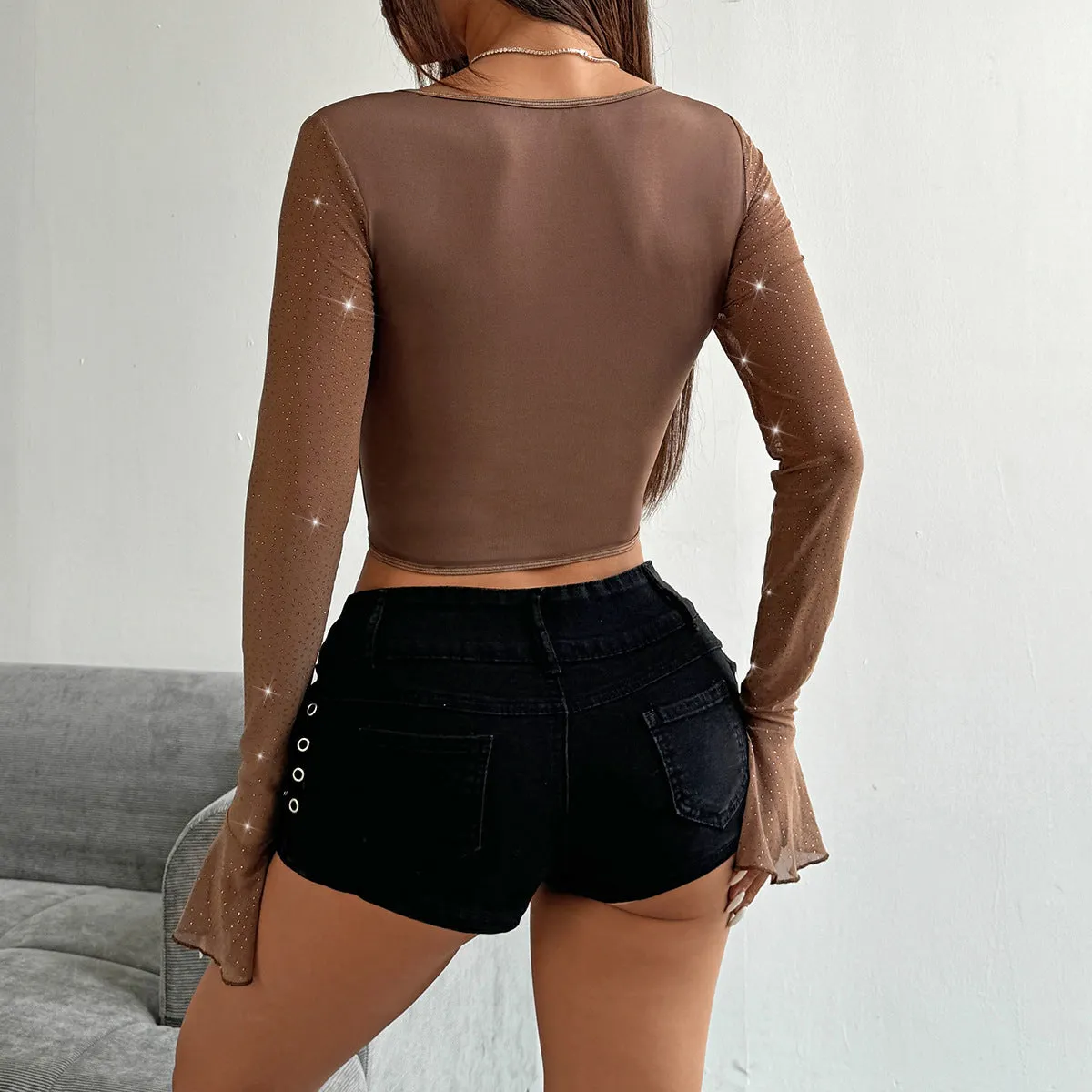 Elegant Bell Sleeve Sequin Fishbone Waist T-Shirt for Autumn Glam