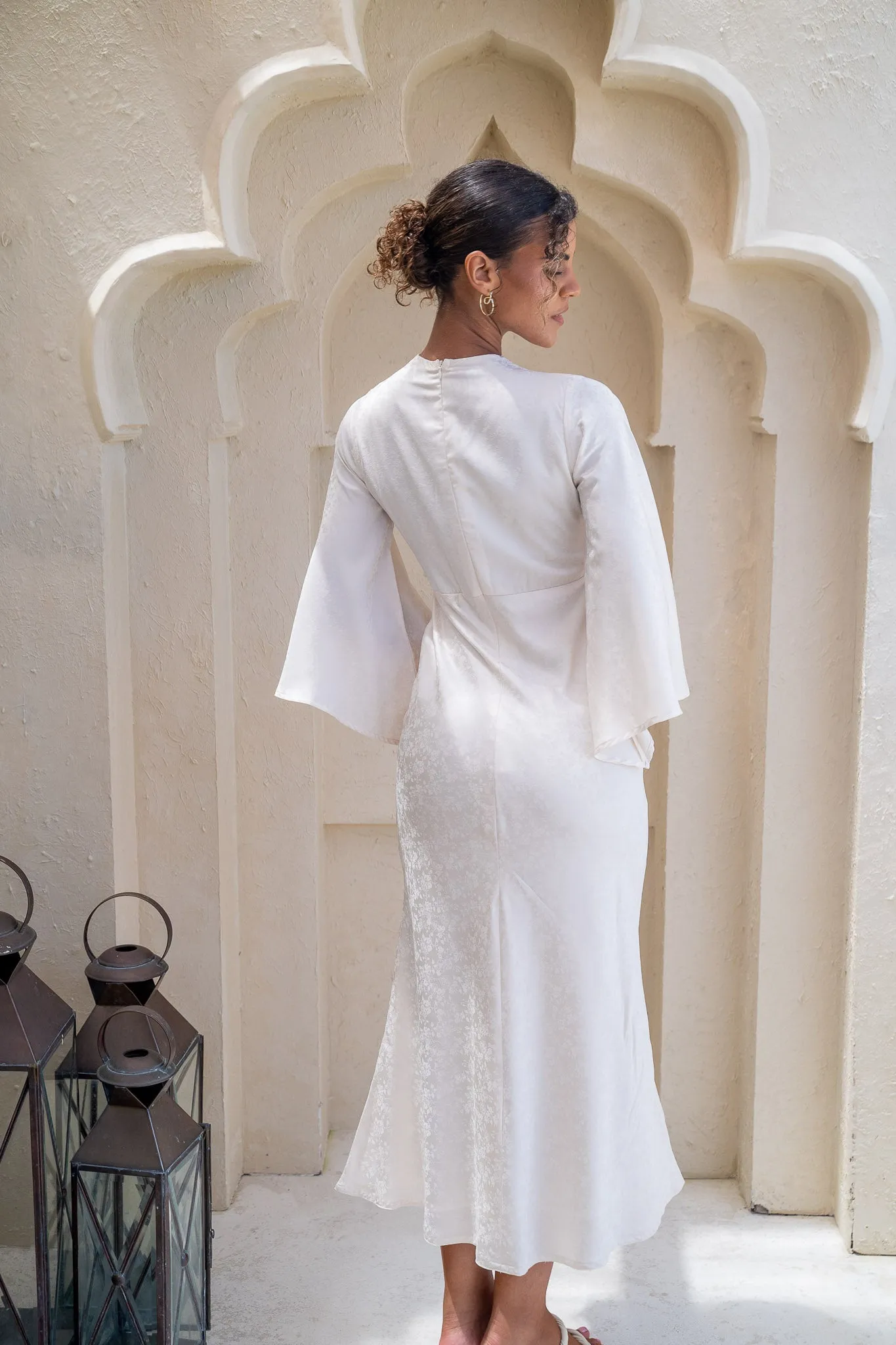 Embossed Buttoned Flared White Dress