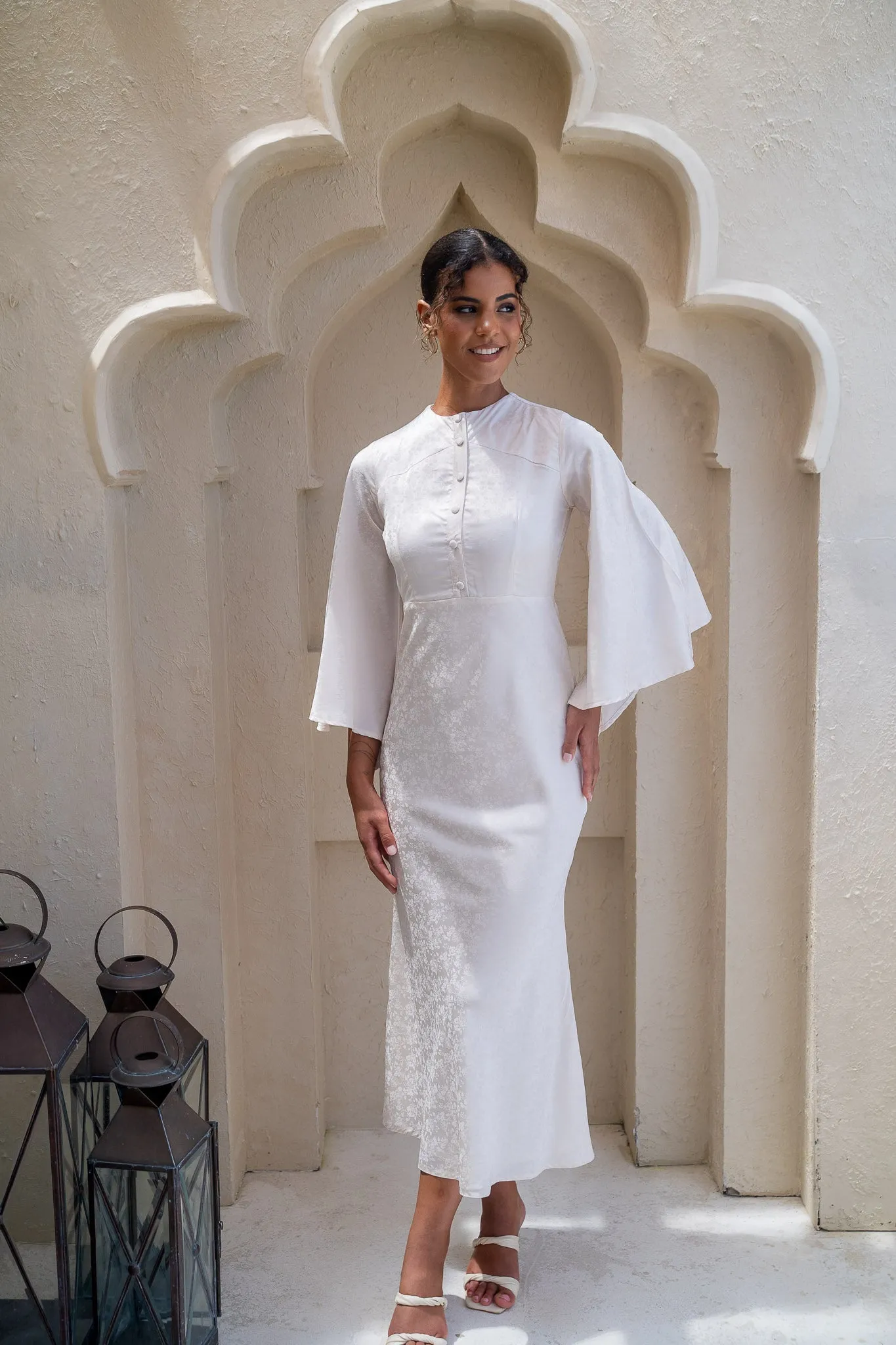Embossed Buttoned Flared White Dress