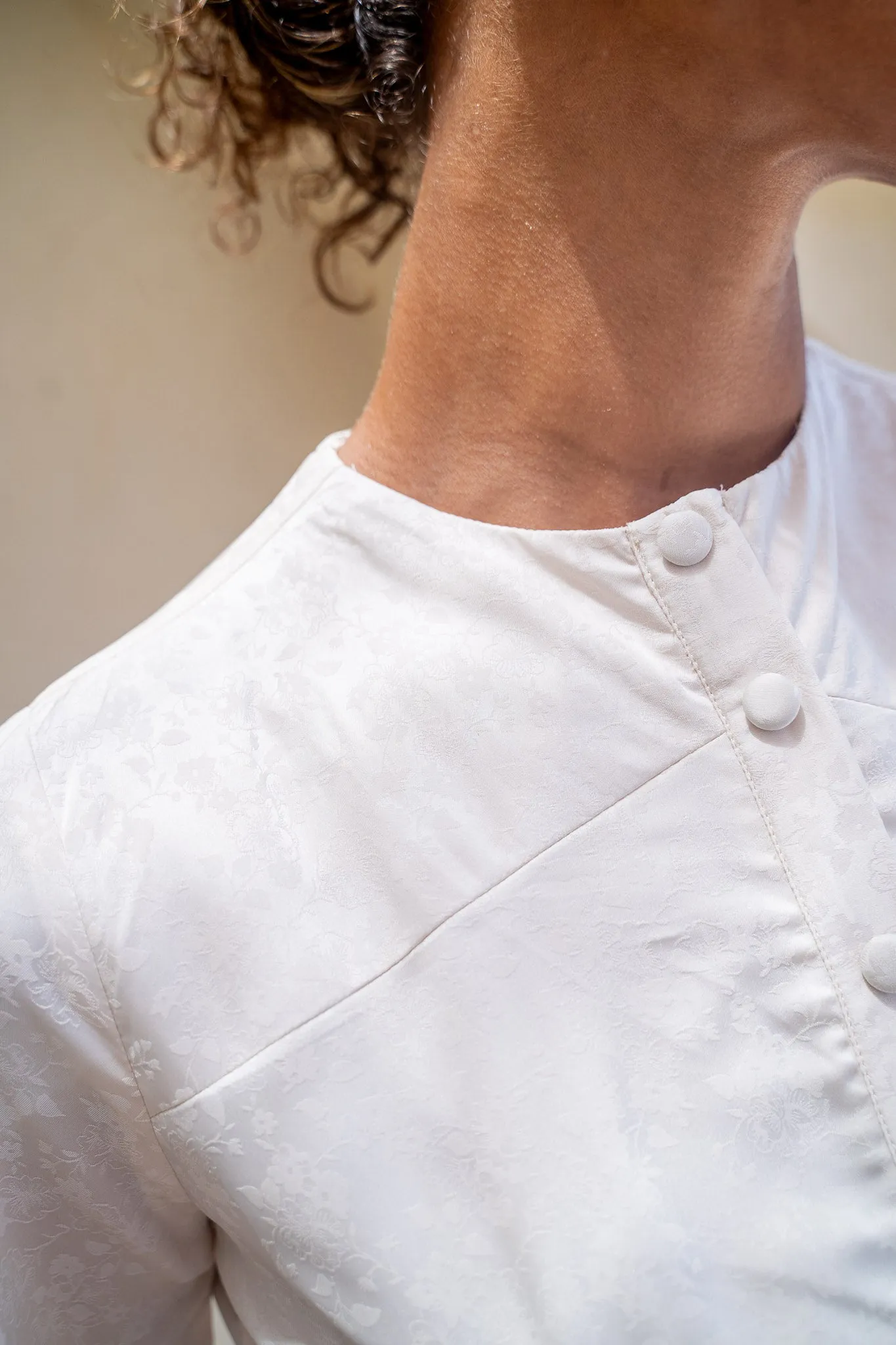 Embossed Buttoned Flared White Dress