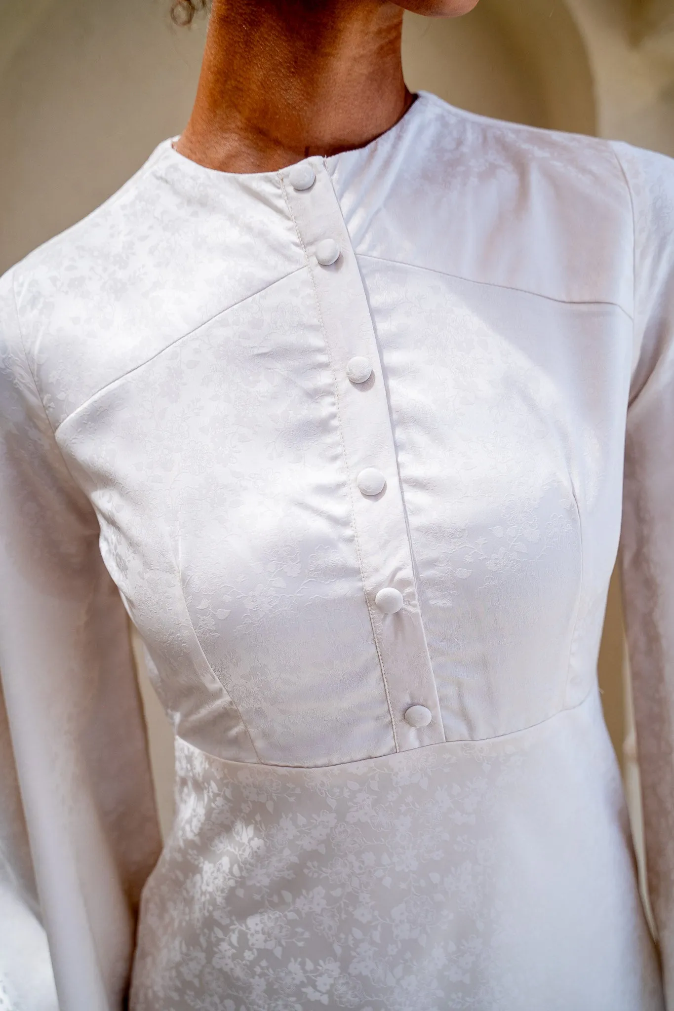 Embossed Buttoned Flared White Dress