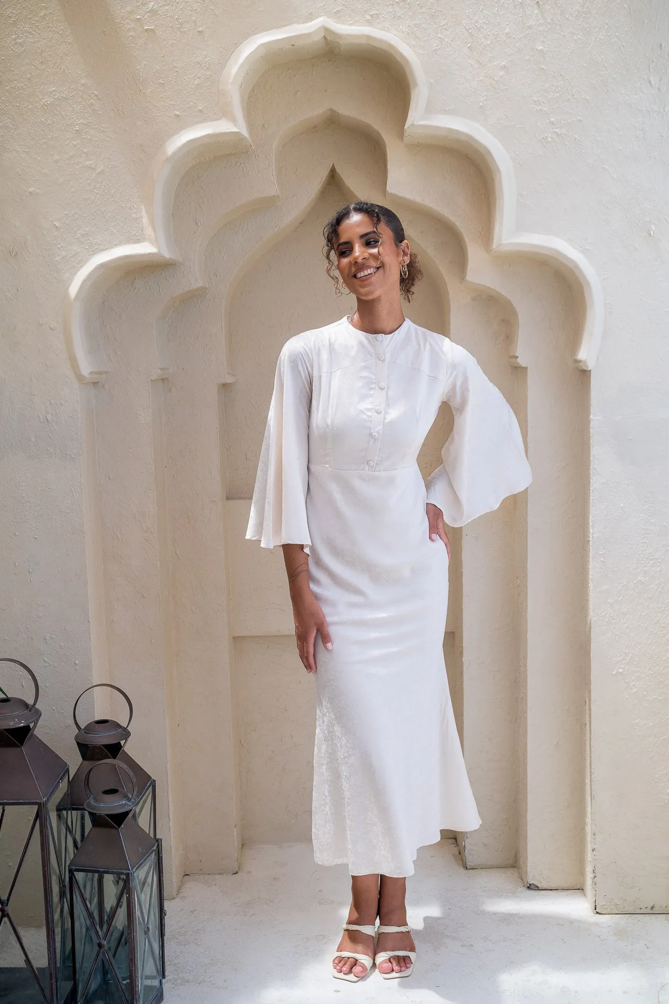 Embossed Buttoned Flared White Dress