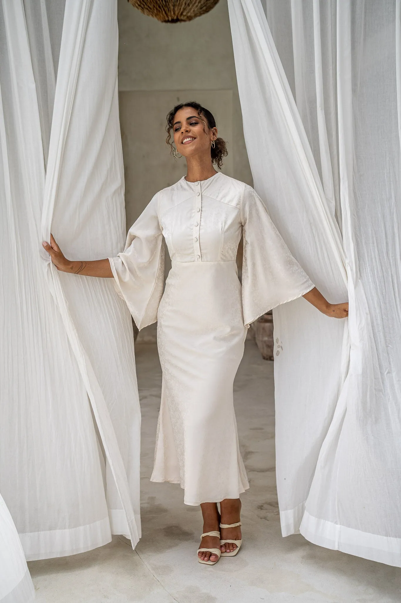 Embossed Buttoned Flared White Dress