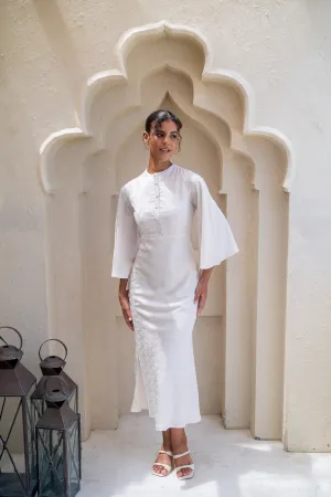 Embossed Buttoned Flared White Dress
