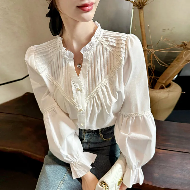 Embossed Patchwork V-Neck Blouse for a Chic Women's Fashion
