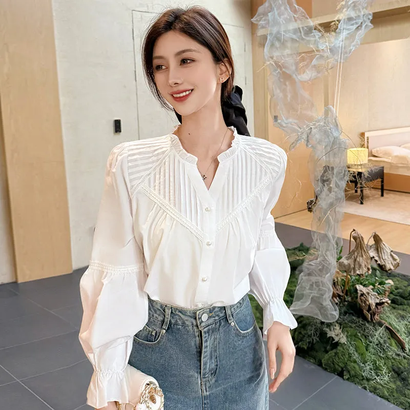 Embossed Patchwork V-Neck Blouse for a Chic Women's Fashion