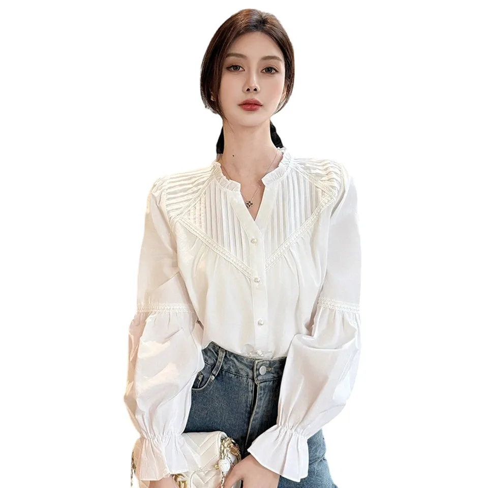Embossed Patchwork V-Neck Blouse for a Chic Women's Fashion