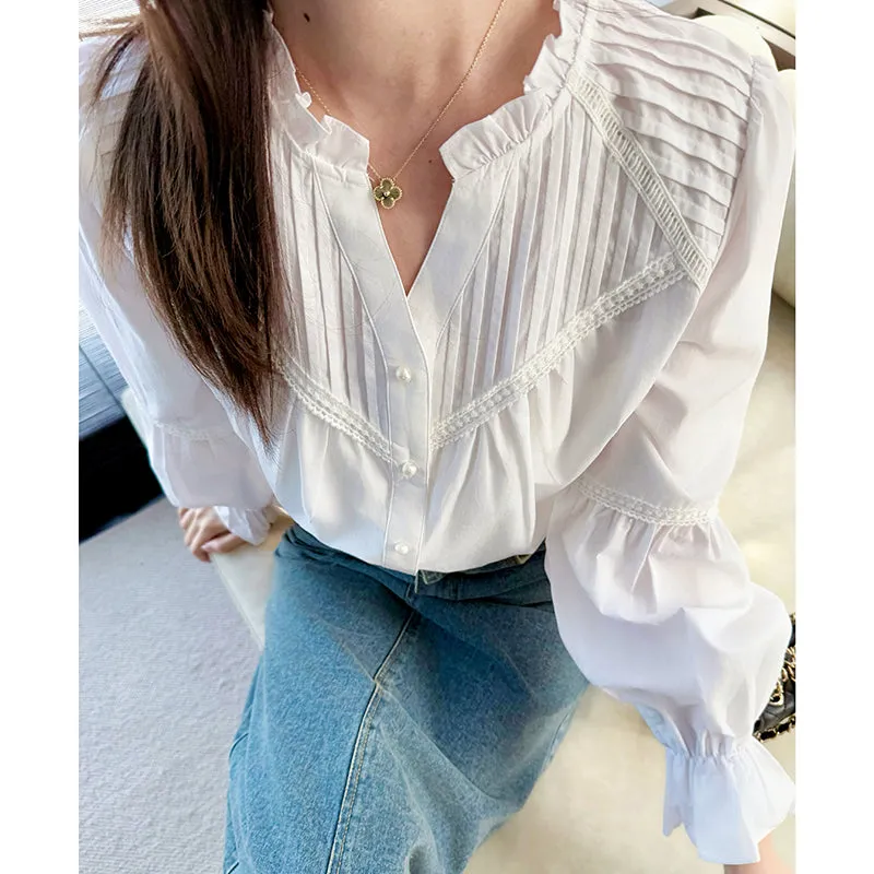Embossed Patchwork V-Neck Blouse for a Chic Women's Fashion