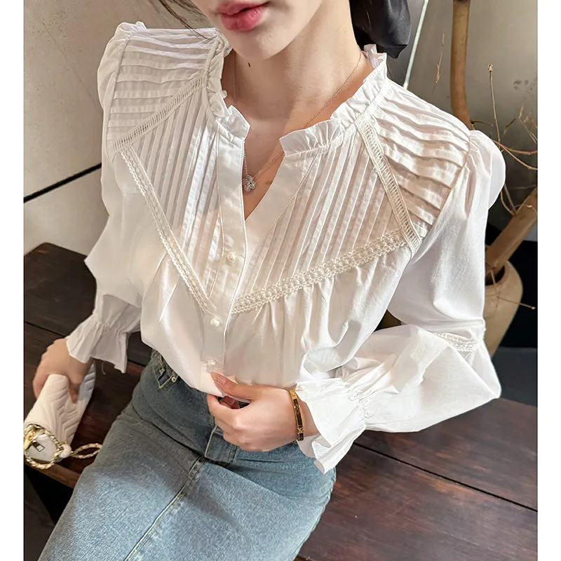 Embossed Patchwork V-Neck Blouse for a Chic Women's Fashion