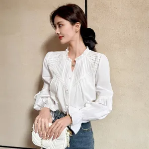 Embossed Patchwork V-Neck Blouse for a Chic Women's Fashion
