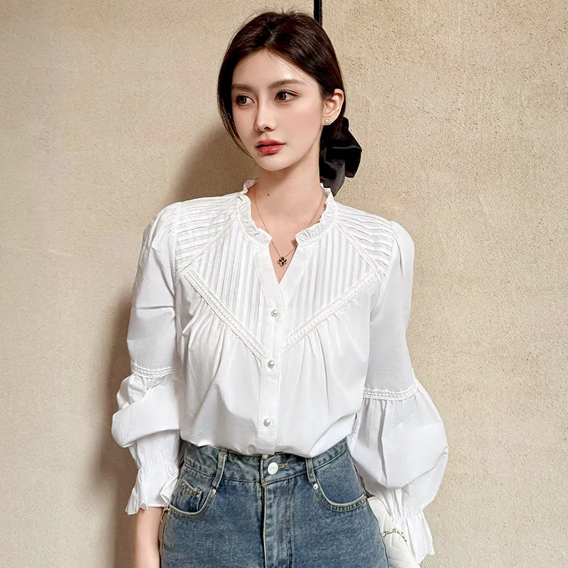 Embossed Patchwork V-Neck Blouse for a Chic Women's Fashion
