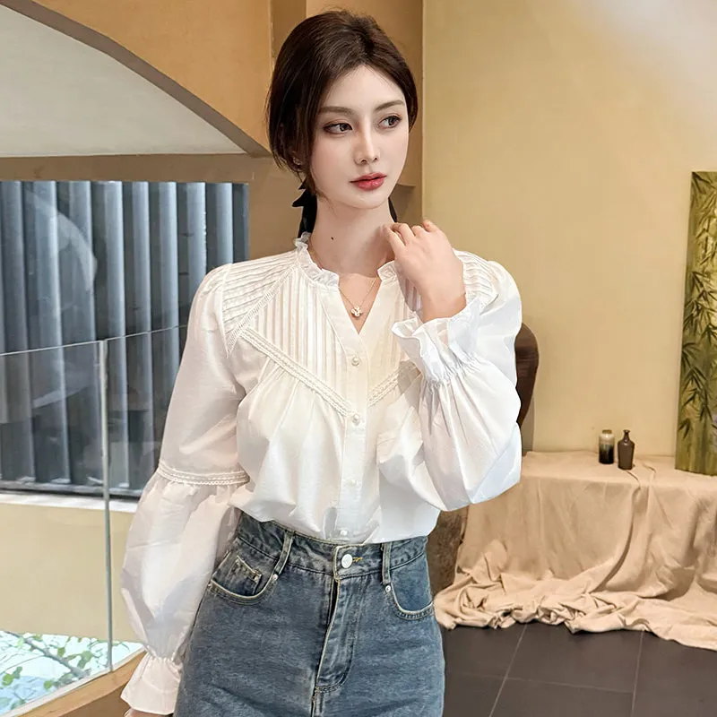 Embossed Patchwork V-Neck Blouse for a Chic Women's Fashion