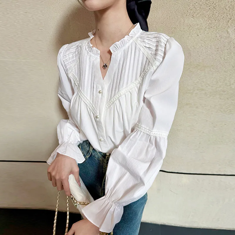 Embossed Patchwork V-Neck Blouse for a Chic Women's Fashion