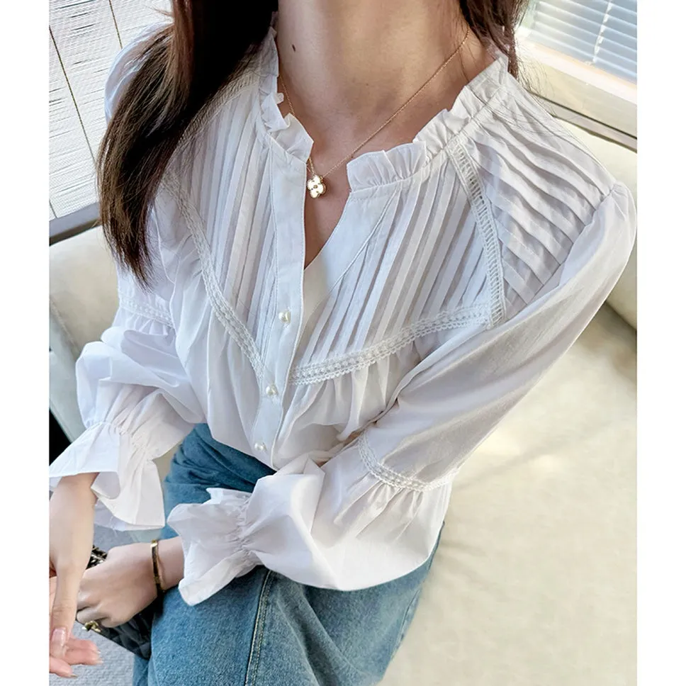 Embossed Patchwork V-Neck Blouse for a Chic Women's Fashion