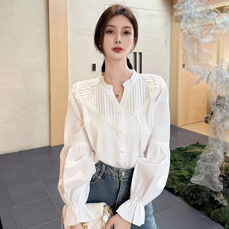 Embossed Patchwork V-Neck Blouse for a Chic Women's Fashion