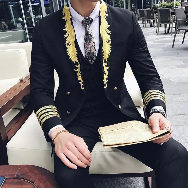 Embroidery Men's Suit Double Breast Black