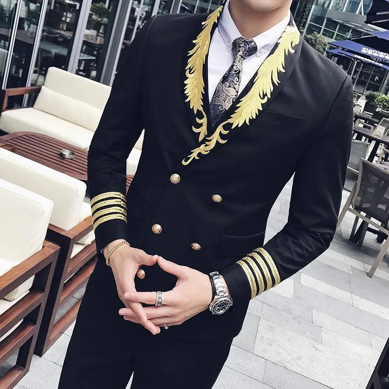 Embroidery Men's Suit Double Breast Black