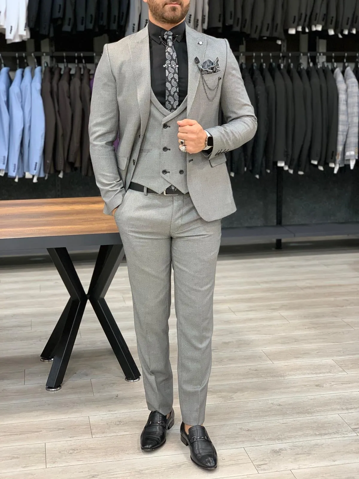 Eros Gray Slim Fit Wool Suit - Elegant Three-Piece Ensemble