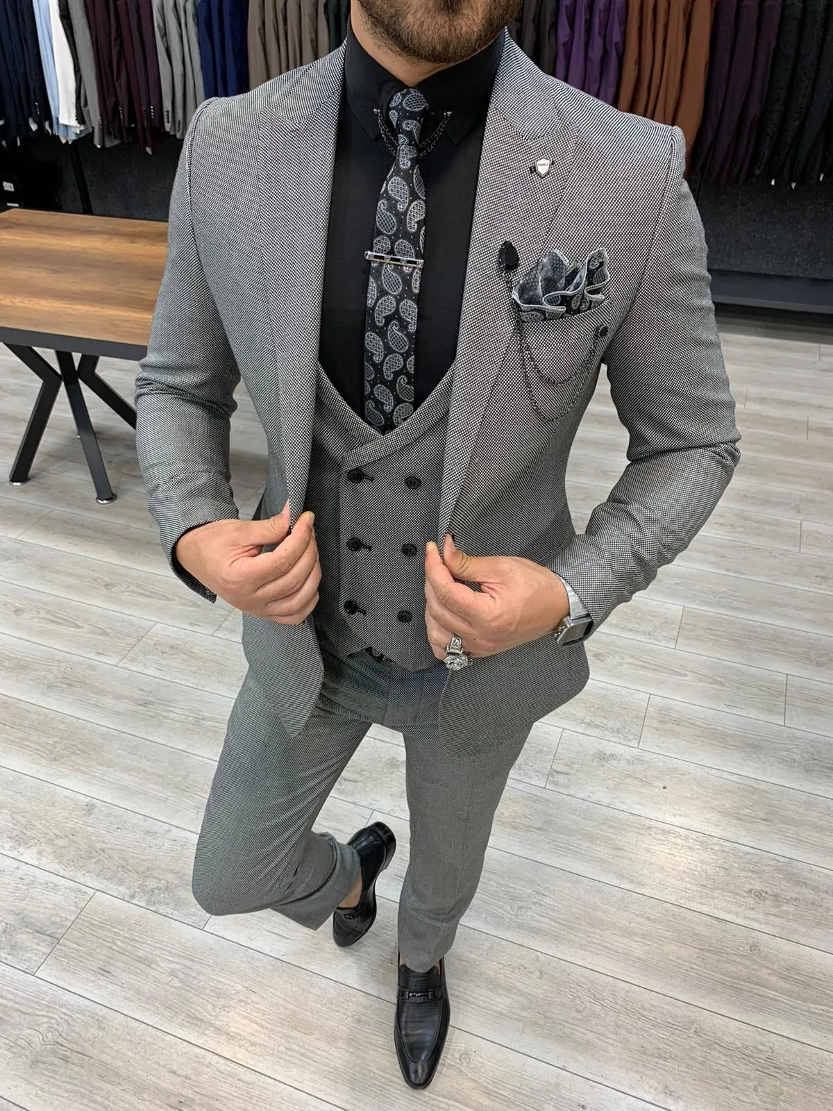 Eros Gray Slim Fit Wool Suit - Elegant Three-Piece Ensemble