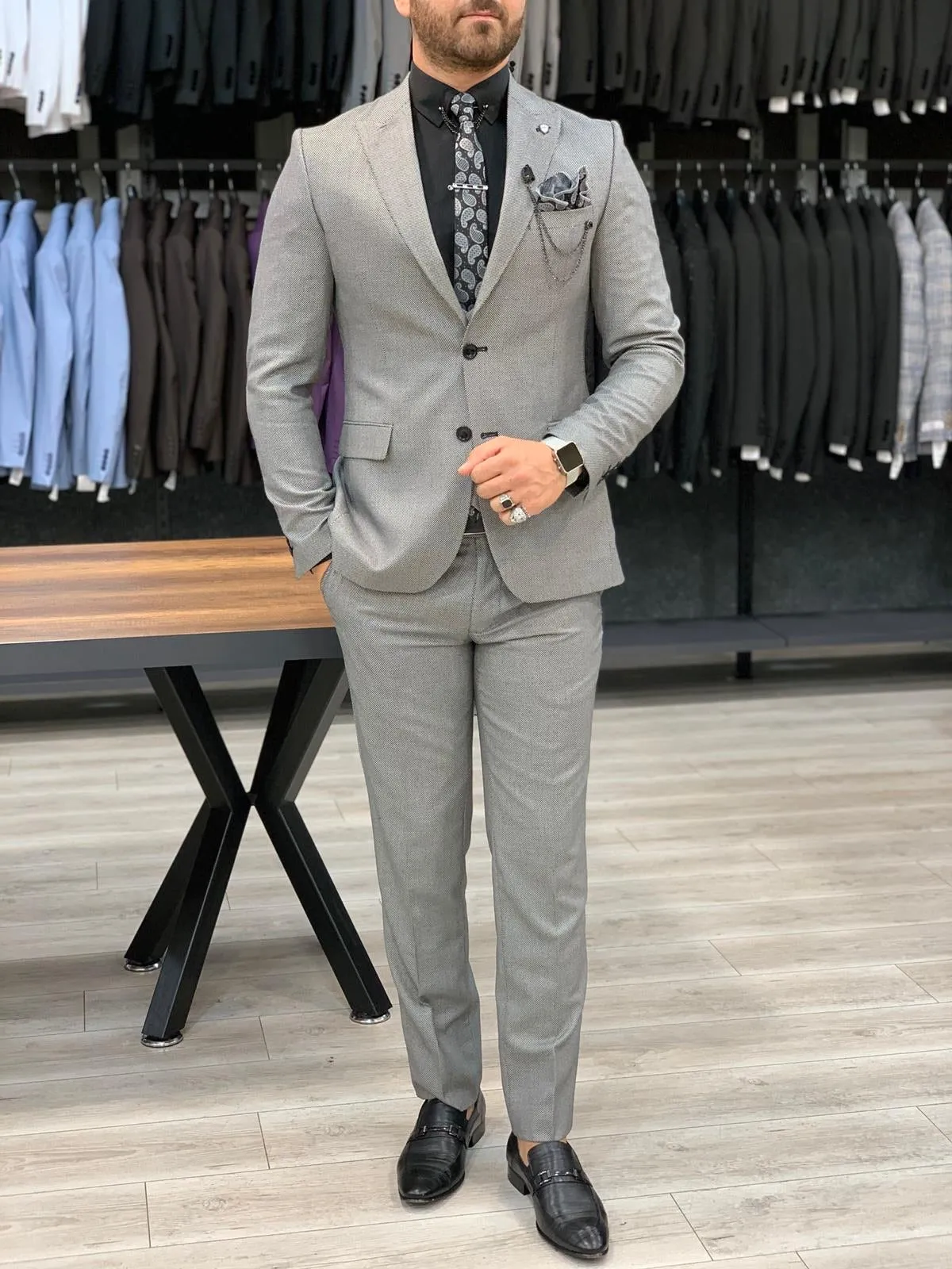 Eros Gray Slim Fit Wool Suit - Elegant Three-Piece Ensemble