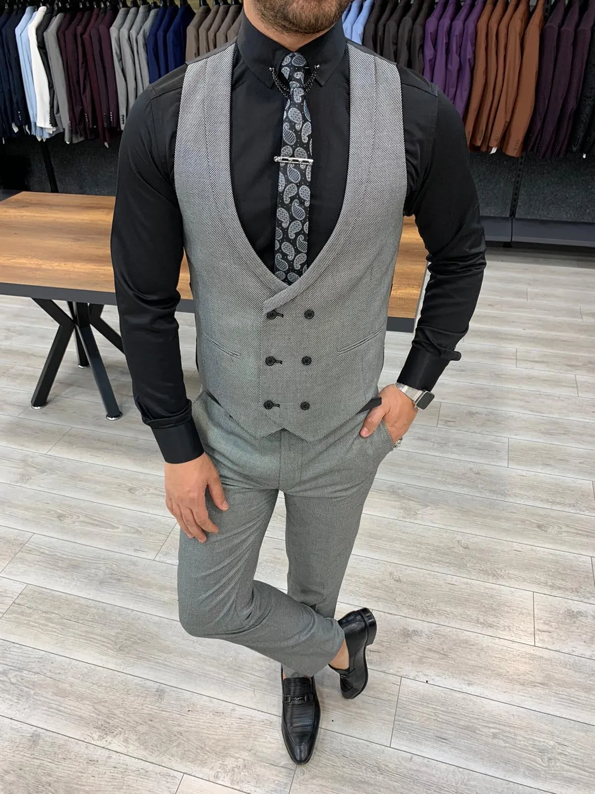 Eros Gray Slim Fit Wool Suit - Elegant Three-Piece Ensemble