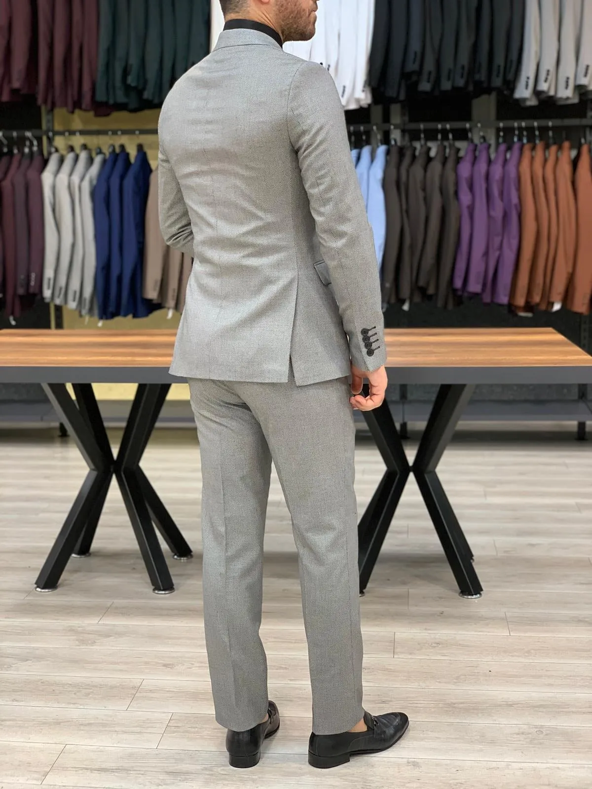 Eros Gray Slim Fit Wool Suit - Elegant Three-Piece Ensemble