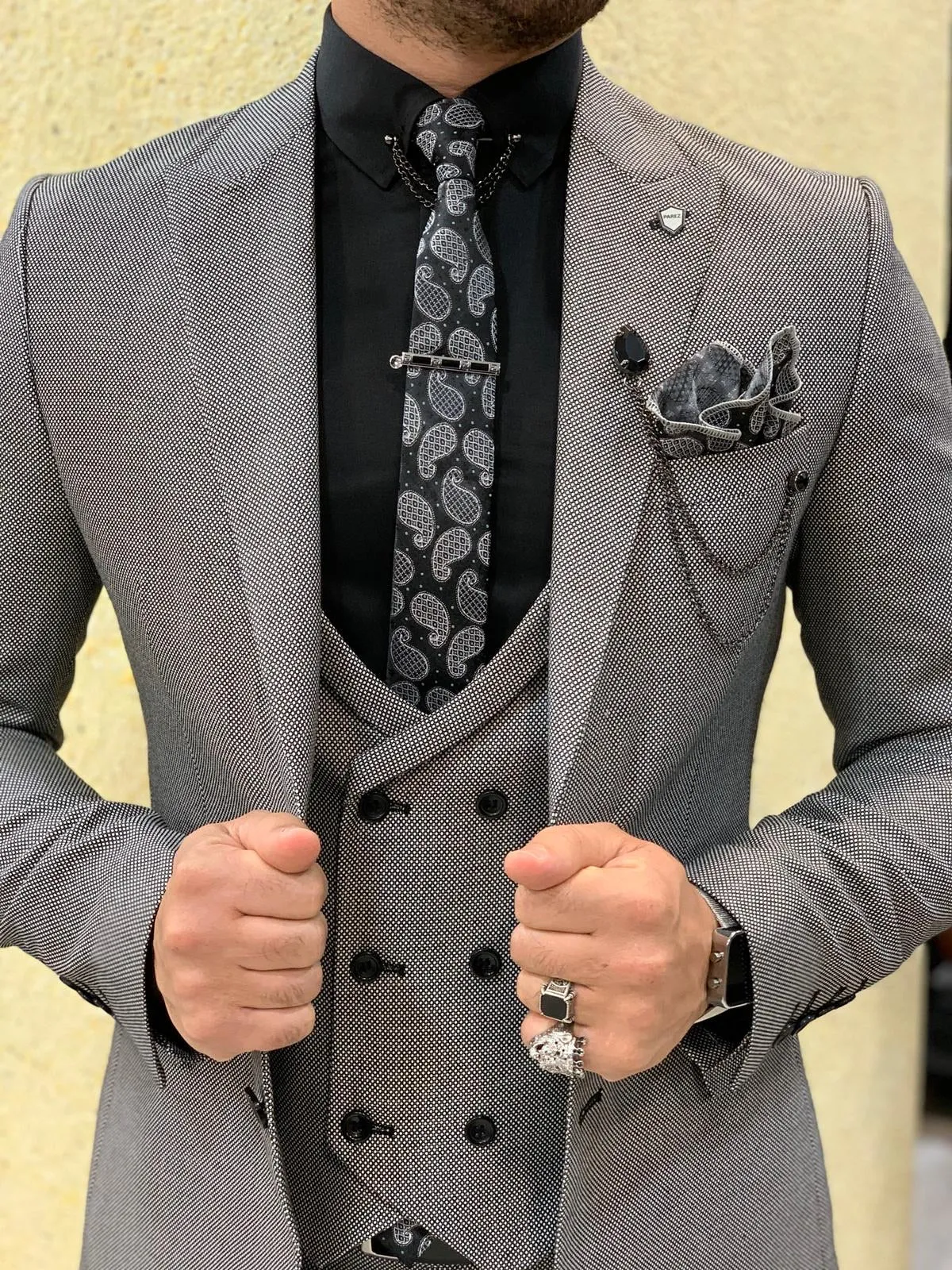 Eros Gray Slim Fit Wool Suit - Elegant Three-Piece Ensemble