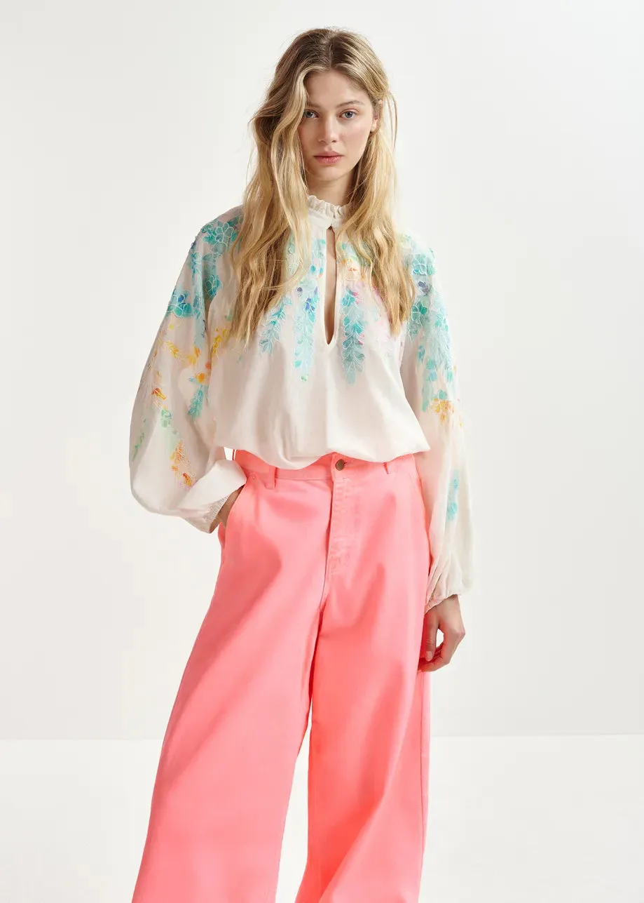 Essentiel Antwerp Hitrus Off-white, orange and pink cotton top with floral embroidery and mandarin collar