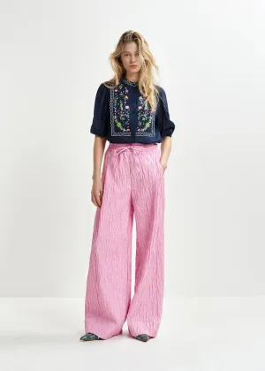 Essentiel Antwerp Horange Dark blue, green and pink floral embroidered shirt with mandarin collar