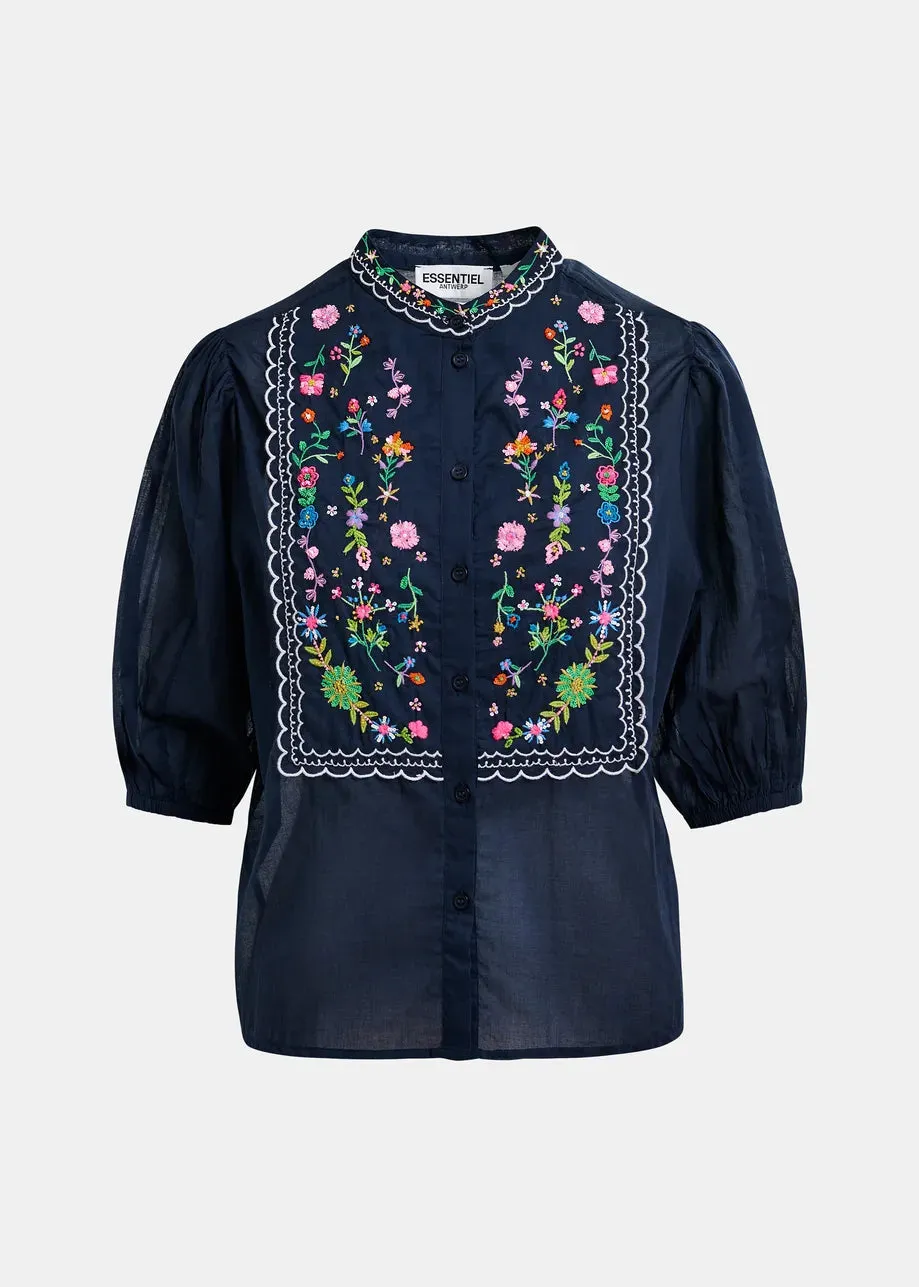 Essentiel Antwerp Horange Dark blue, green and pink floral embroidered shirt with mandarin collar