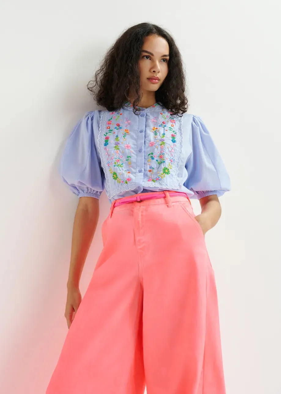 Essentiel Antwerp Horange Light Blue, green and pink floral embroidered shirt with mandarin collar